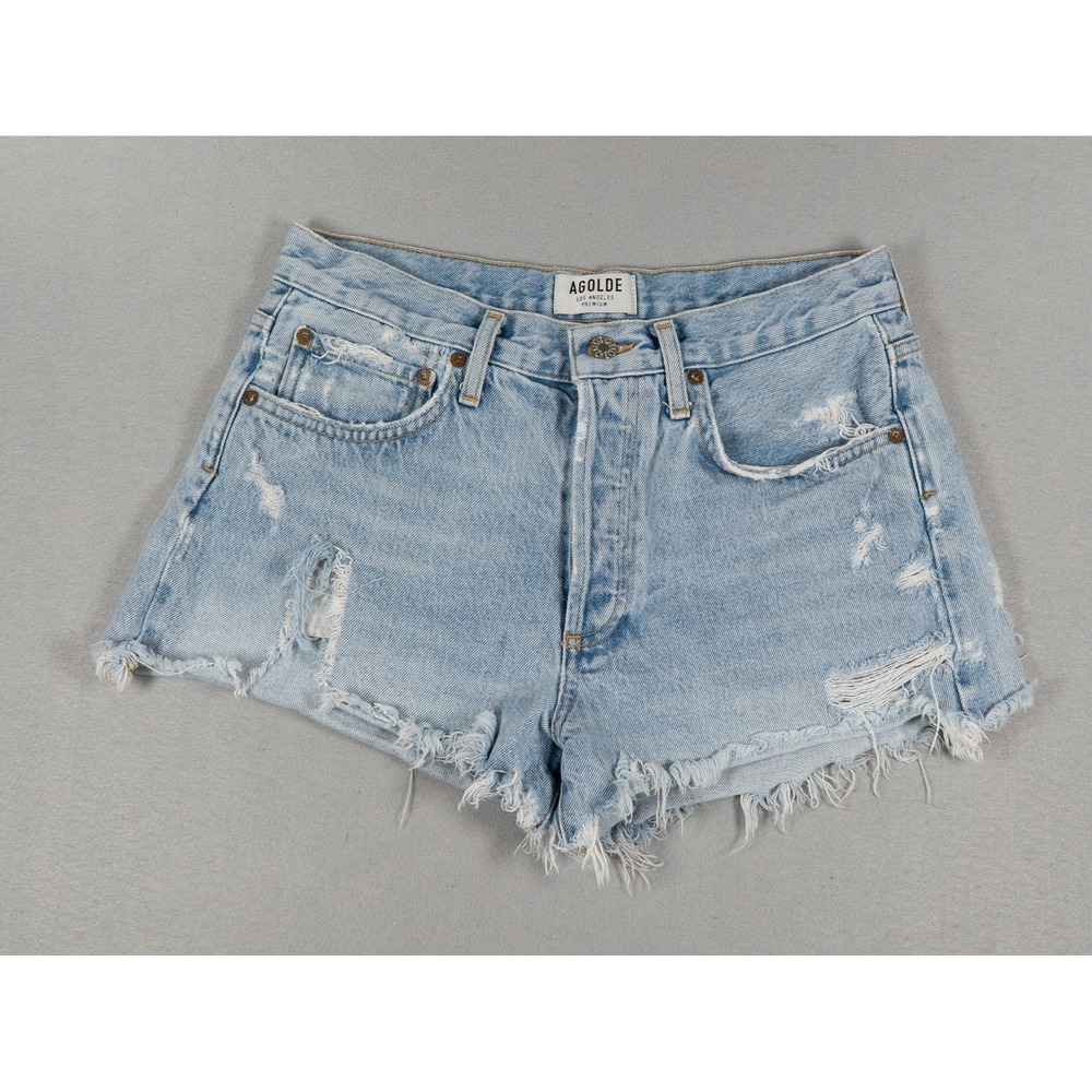 AGOLDE Parker Distressed Denim Shorts Swapmeet Light Blue 27